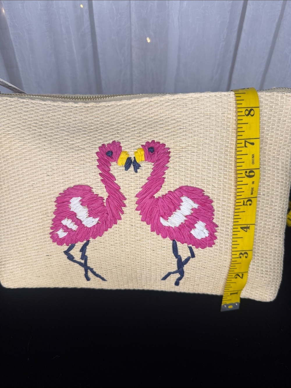 Old Navy Cream Straw Clutch with Pink Flamingo Embroidery and Pink Bracelets - Picture 6 of 6
